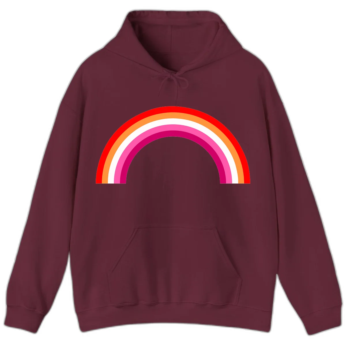 Colorful rainbow pride arc with concentric bands in red, orange, white, pink, and magenta against gray background in Maroon