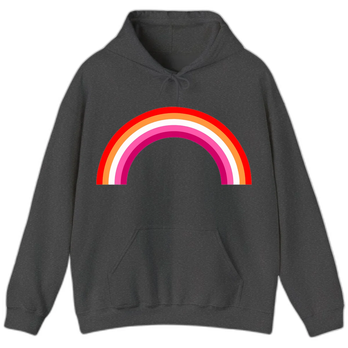 Colorful rainbow pride arc with concentric bands in red, orange, white, pink, and magenta against gray background in Dark Heather