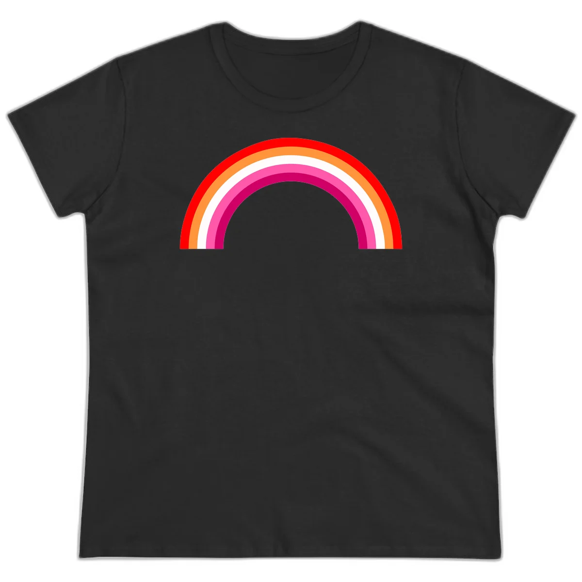 Colorful rainbow pride arc with concentric bands in red, orange, white, pink, and magenta against gray background in Black