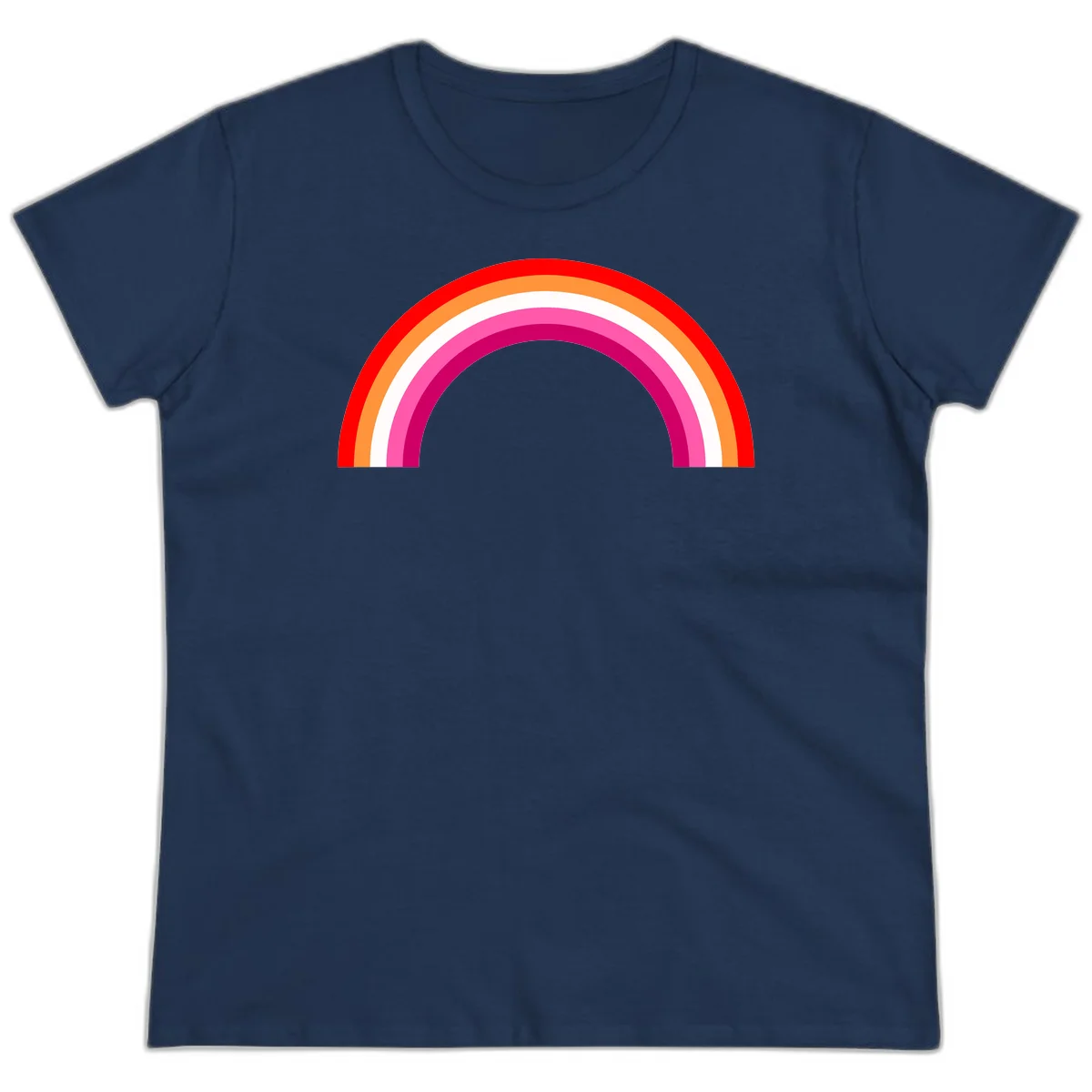 Colorful rainbow pride arc with concentric bands in red, orange, white, pink, and magenta against gray background in Navy