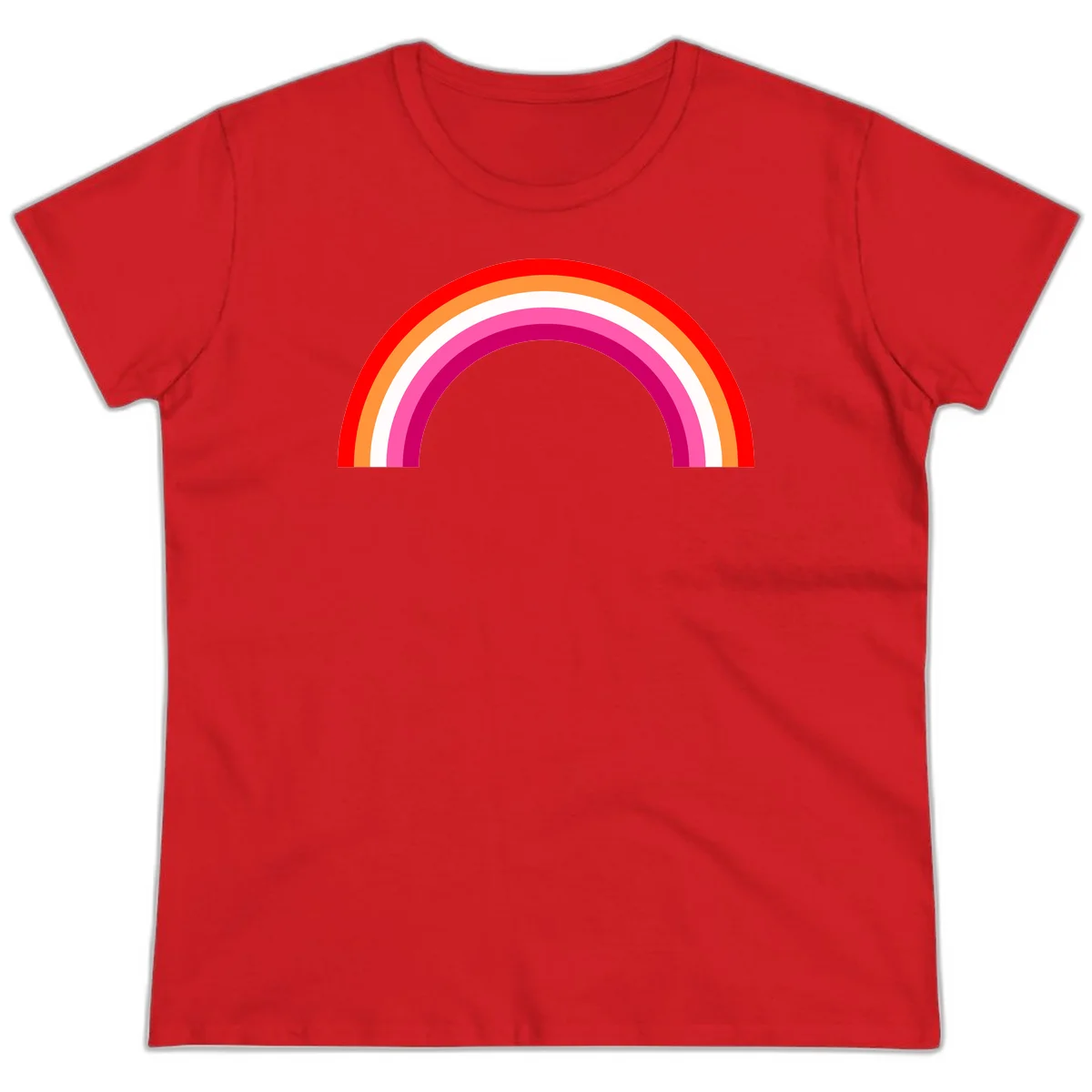 Colorful rainbow pride arc with concentric bands in red, orange, white, pink, and magenta against gray background in Red