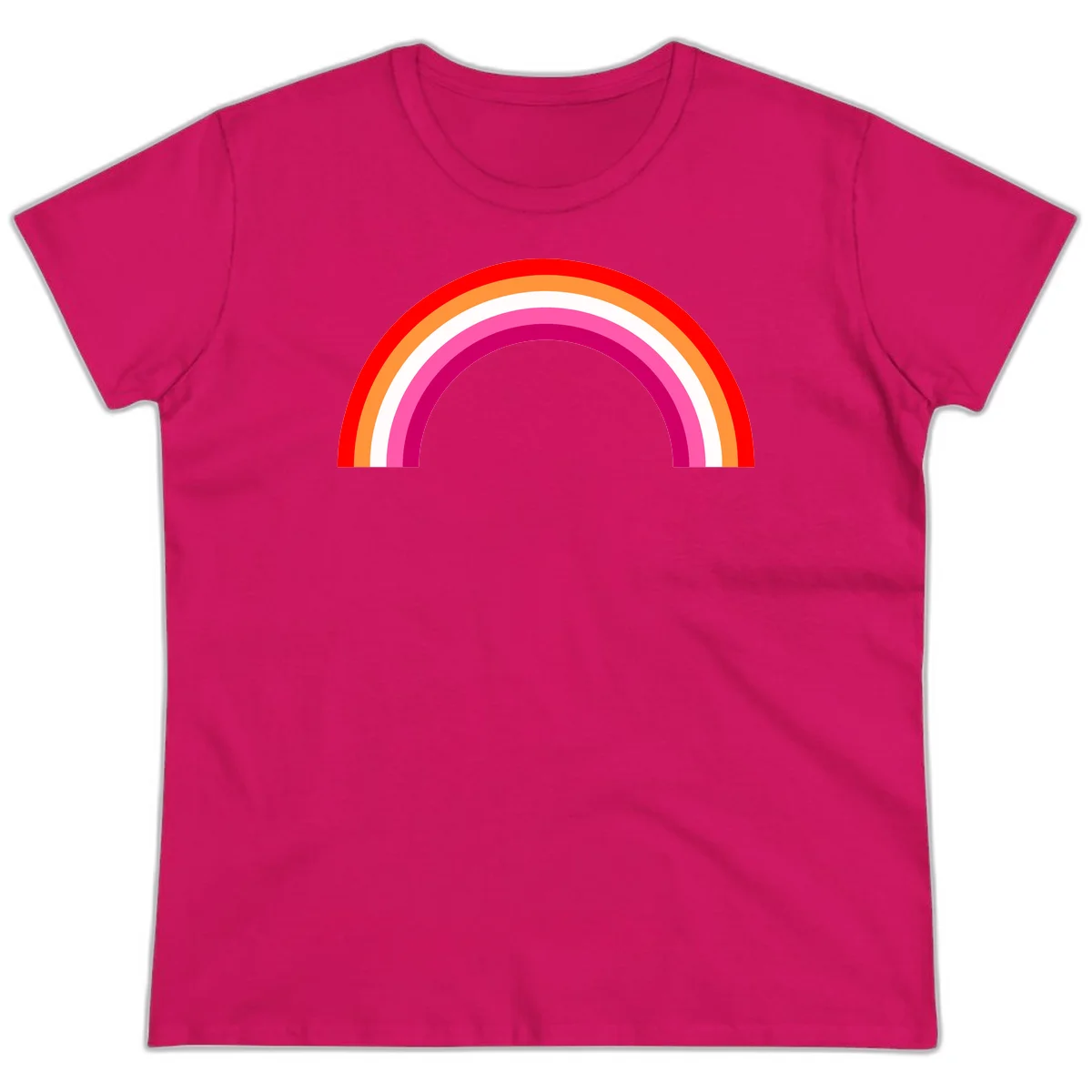 Colorful rainbow pride arc with concentric bands in red, orange, white, pink, and magenta against gray background in Heliconia