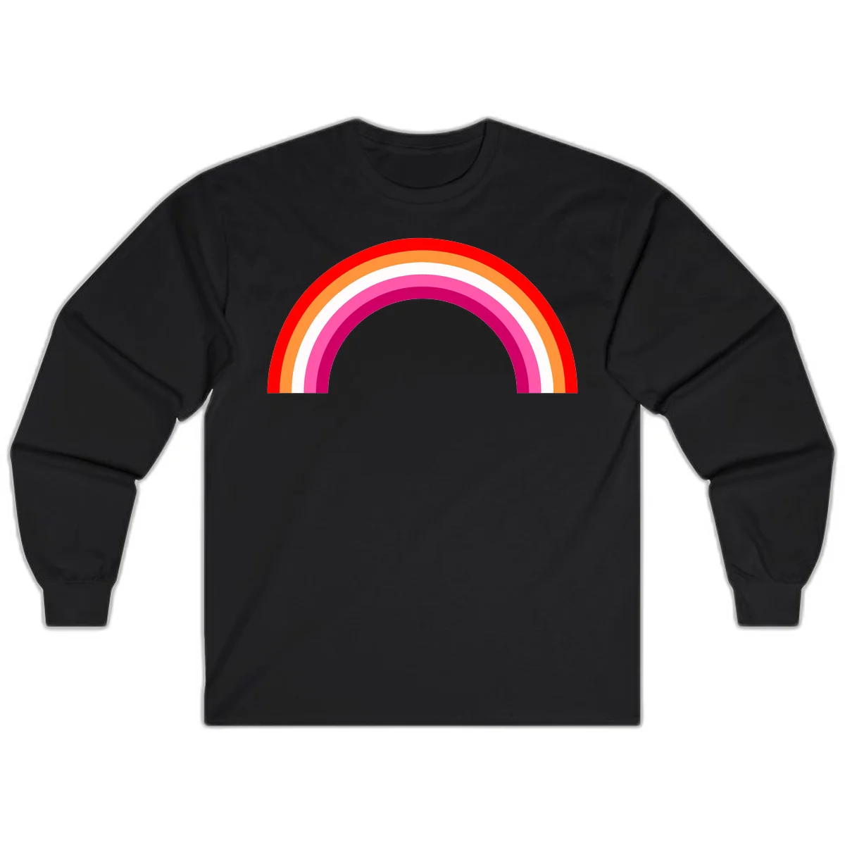 Colorful rainbow pride arc with concentric bands in red, orange, white, pink, and magenta against gray background in Black