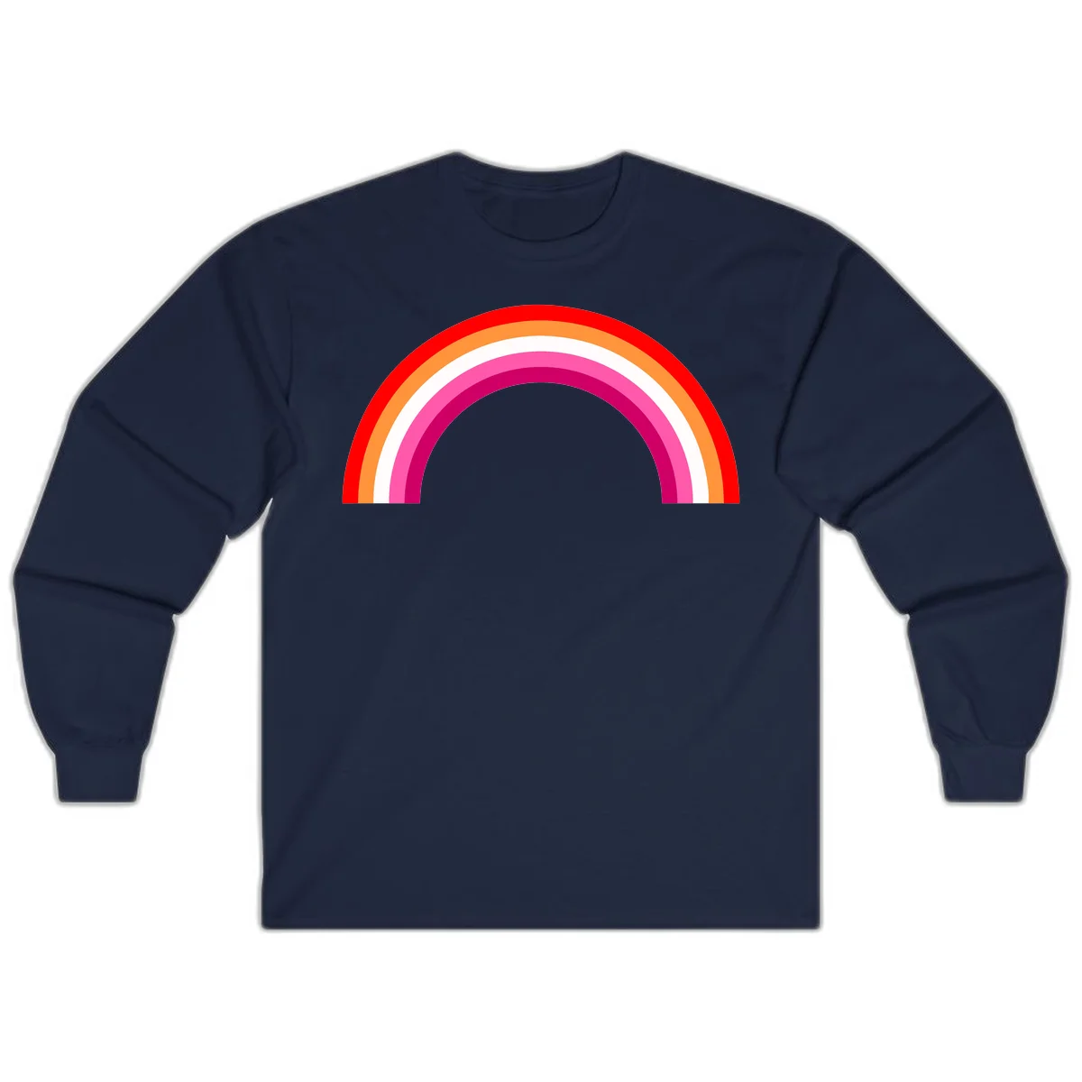 Colorful rainbow pride arc with concentric bands in red, orange, white, pink, and magenta against gray background in Navy