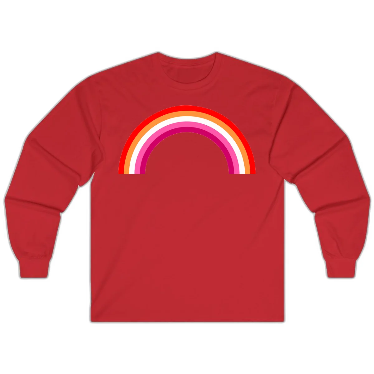 Colorful rainbow pride arc with concentric bands in red, orange, white, pink, and magenta against gray background in Red