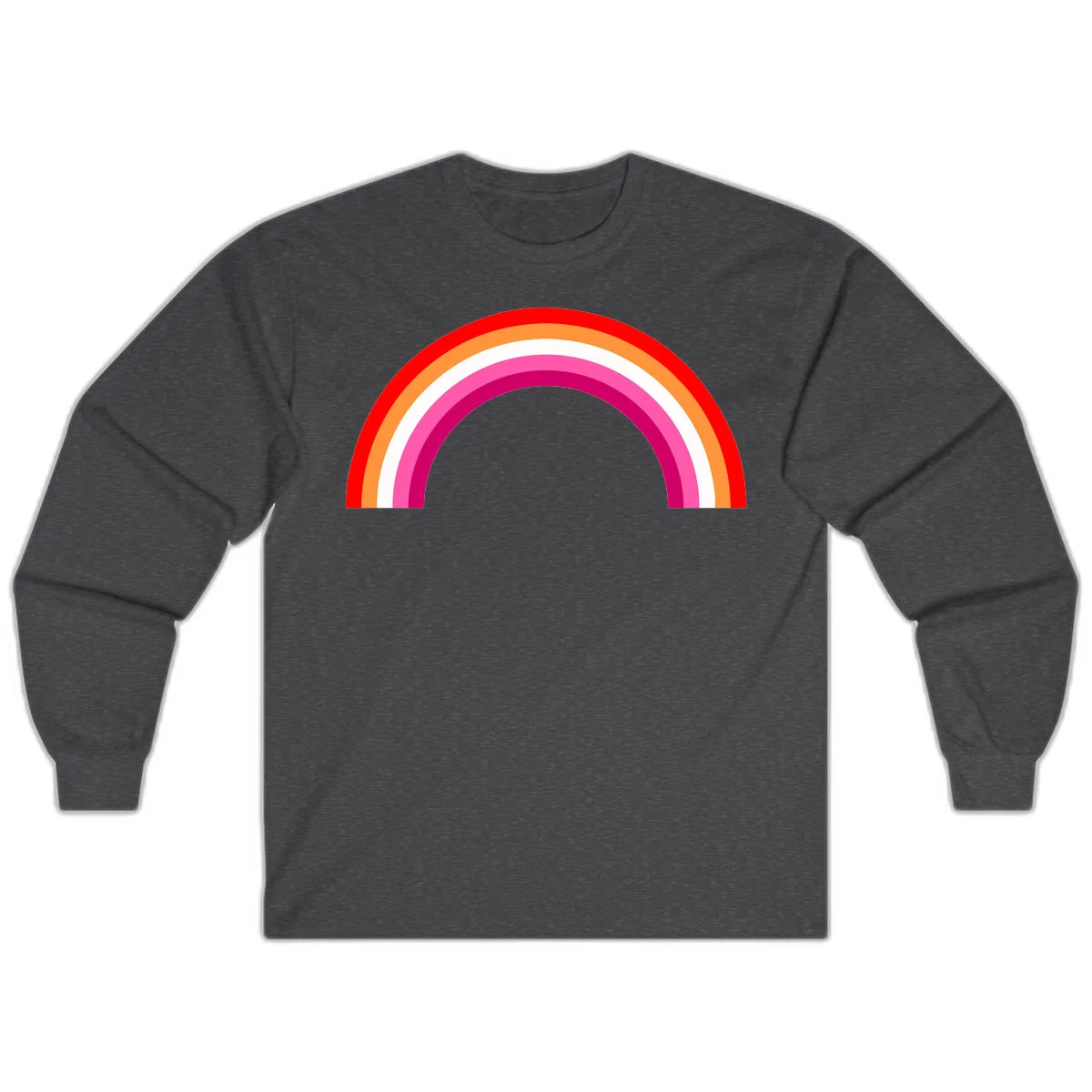 Colorful rainbow pride arc with concentric bands in red, orange, white, pink, and magenta against gray background in Dark Heather