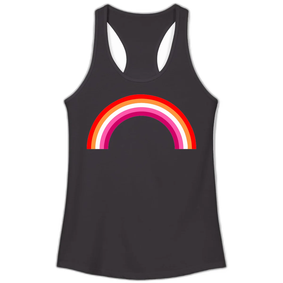 Colorful rainbow pride arc with concentric bands in red, orange, white, pink, and magenta against gray background in Black