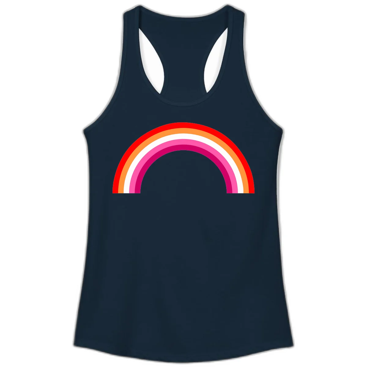 Colorful rainbow pride arc with concentric bands in red, orange, white, pink, and magenta against gray background in Solid Midnight Navy