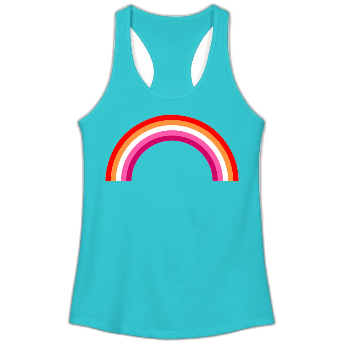 Colorful rainbow pride arc with concentric bands in red, orange, white, pink, and magenta against gray background in Solid Tahiti Blue