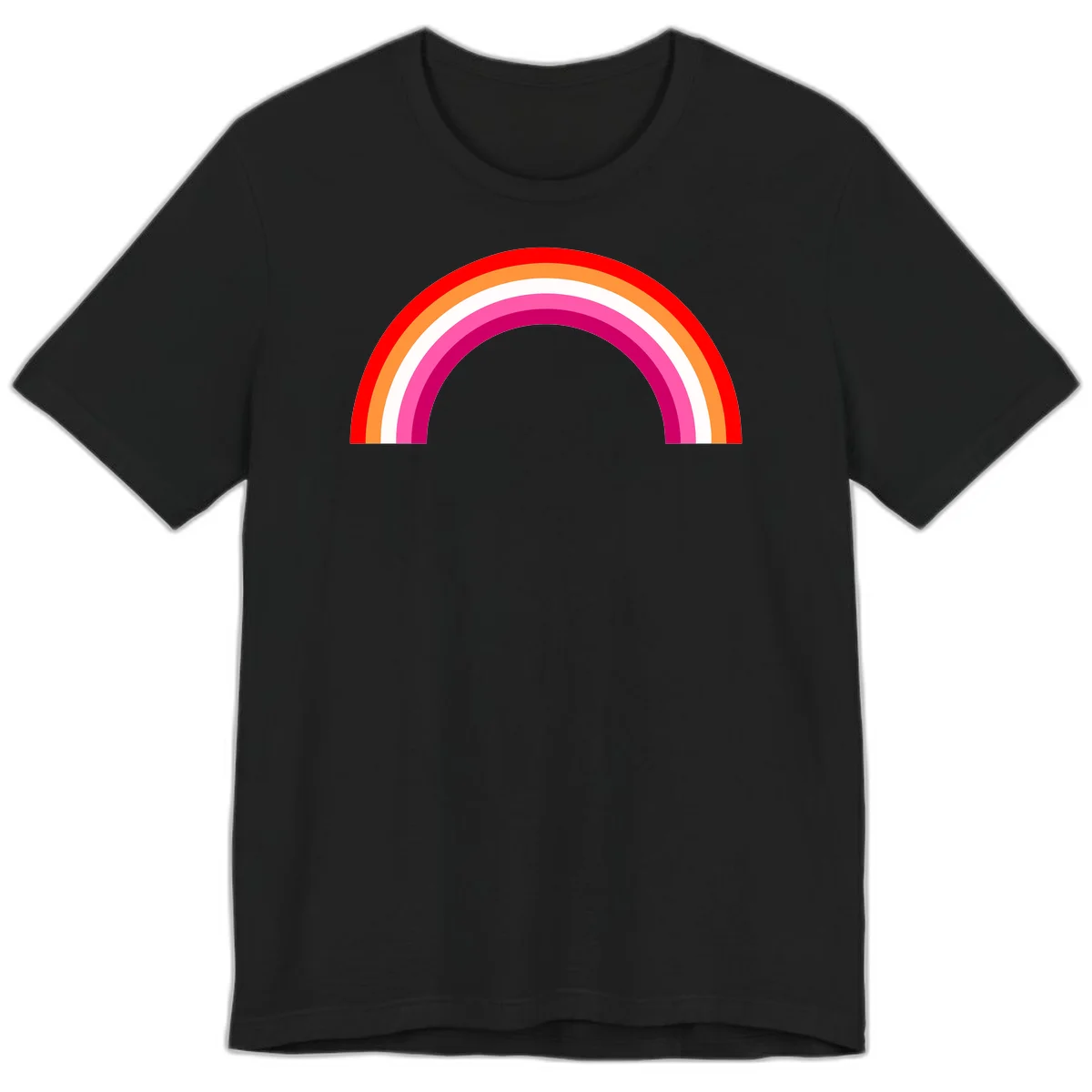 Colorful rainbow pride arc with concentric bands in red, orange, white, pink, and magenta against gray background in Black