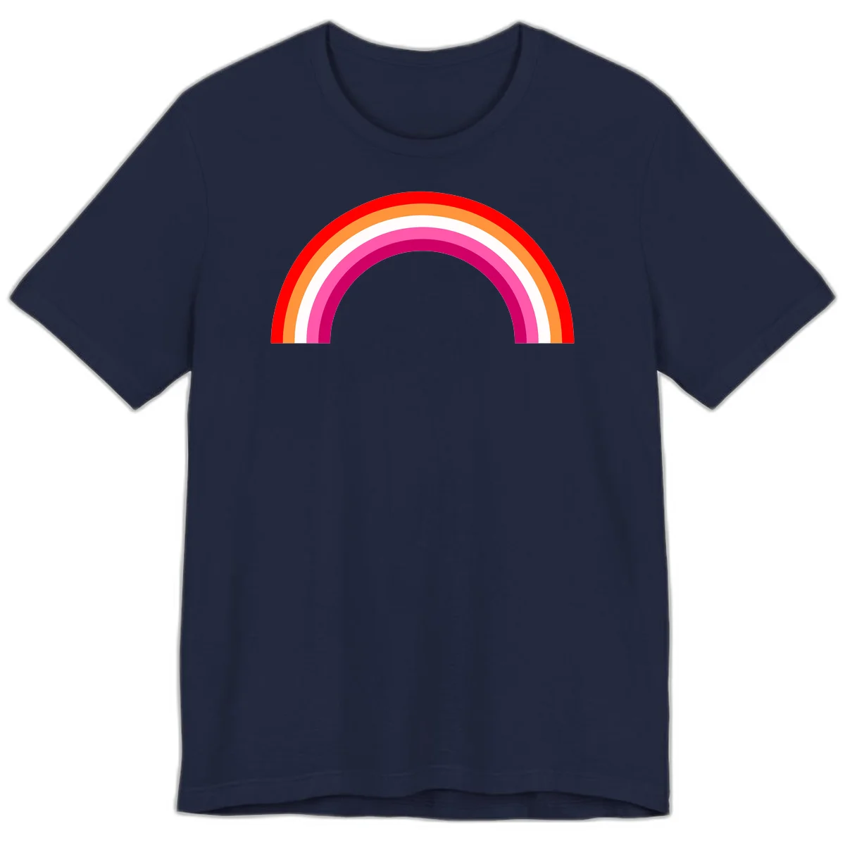 Colorful rainbow pride arc with concentric bands in red, orange, white, pink, and magenta against gray background in Navy