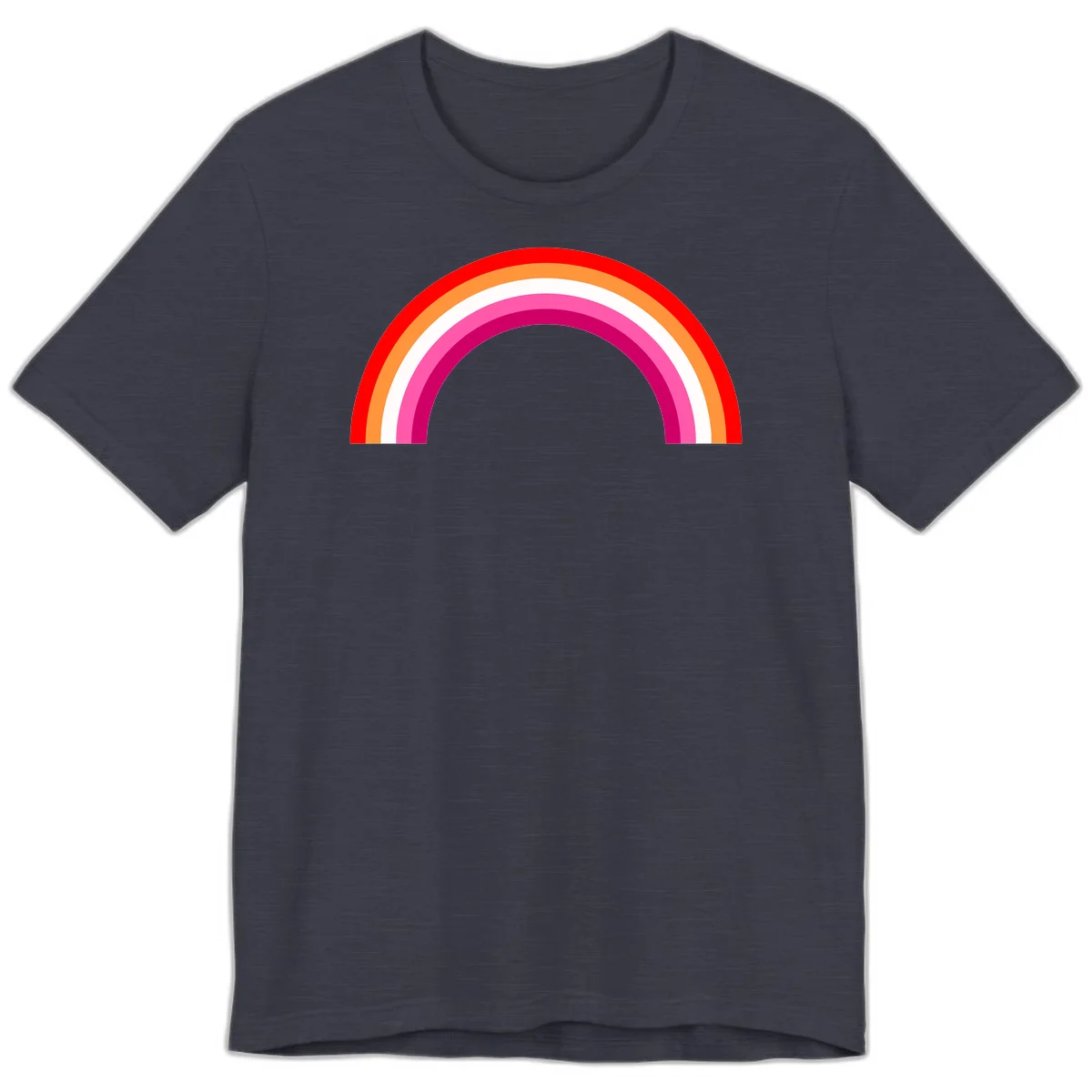 Colorful rainbow pride arc with concentric bands in red, orange, white, pink, and magenta against gray background in Heather Midnight Navy