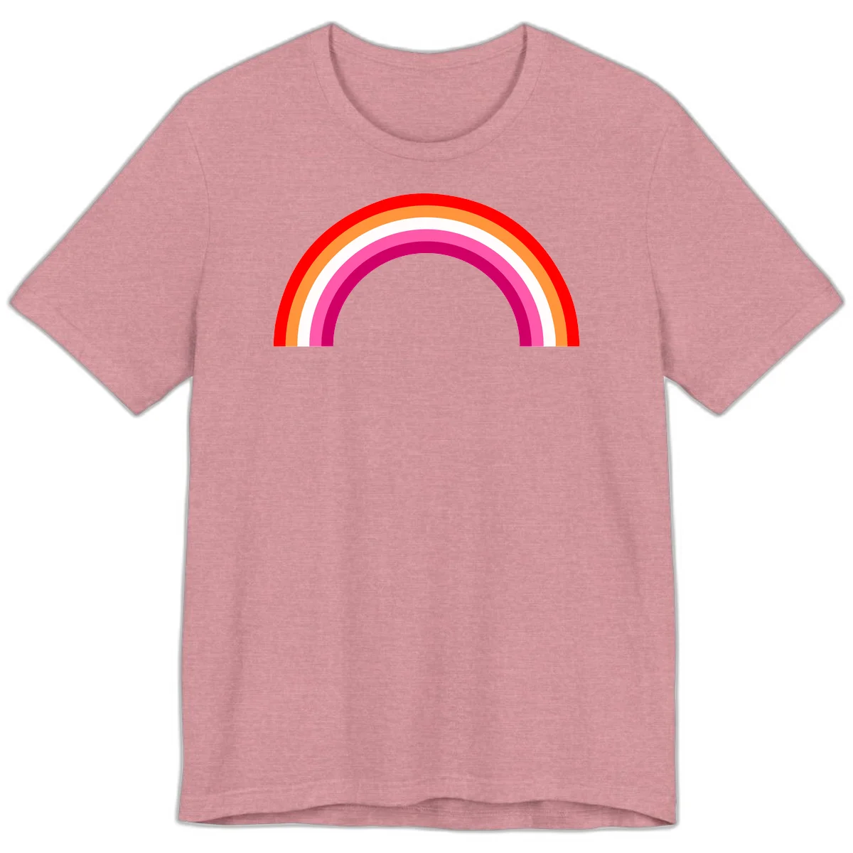 Colorful rainbow pride arc with concentric bands in red, orange, white, pink, and magenta against gray background in Heather Orchid
