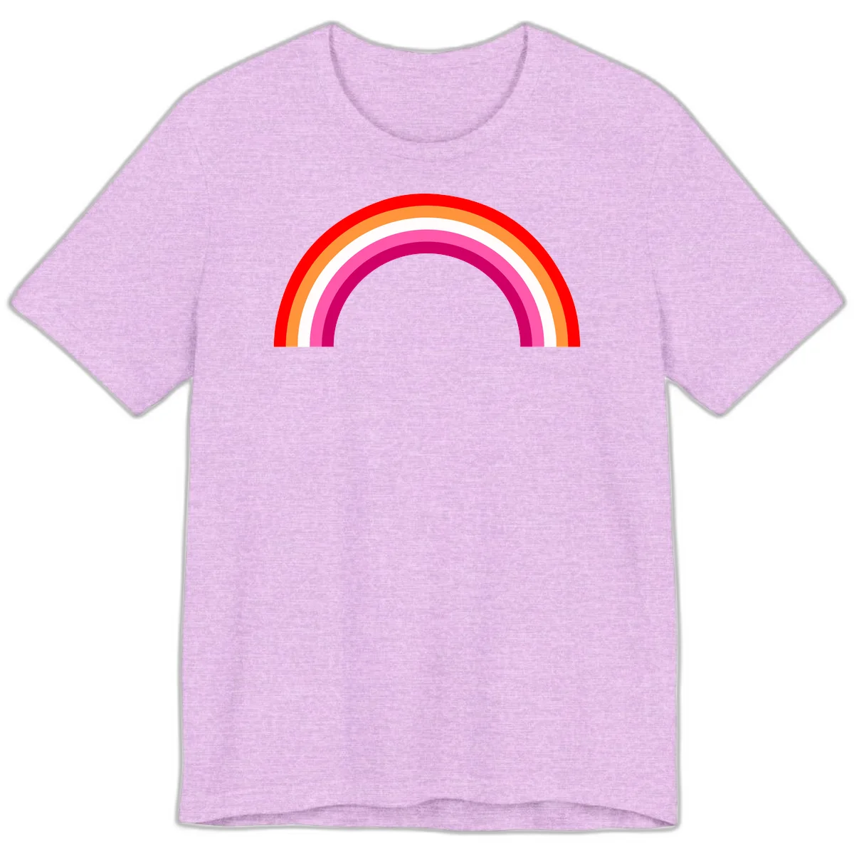 Colorful rainbow pride arc with concentric bands in red, orange, white, pink, and magenta against gray background in Heather Prism Lilac
