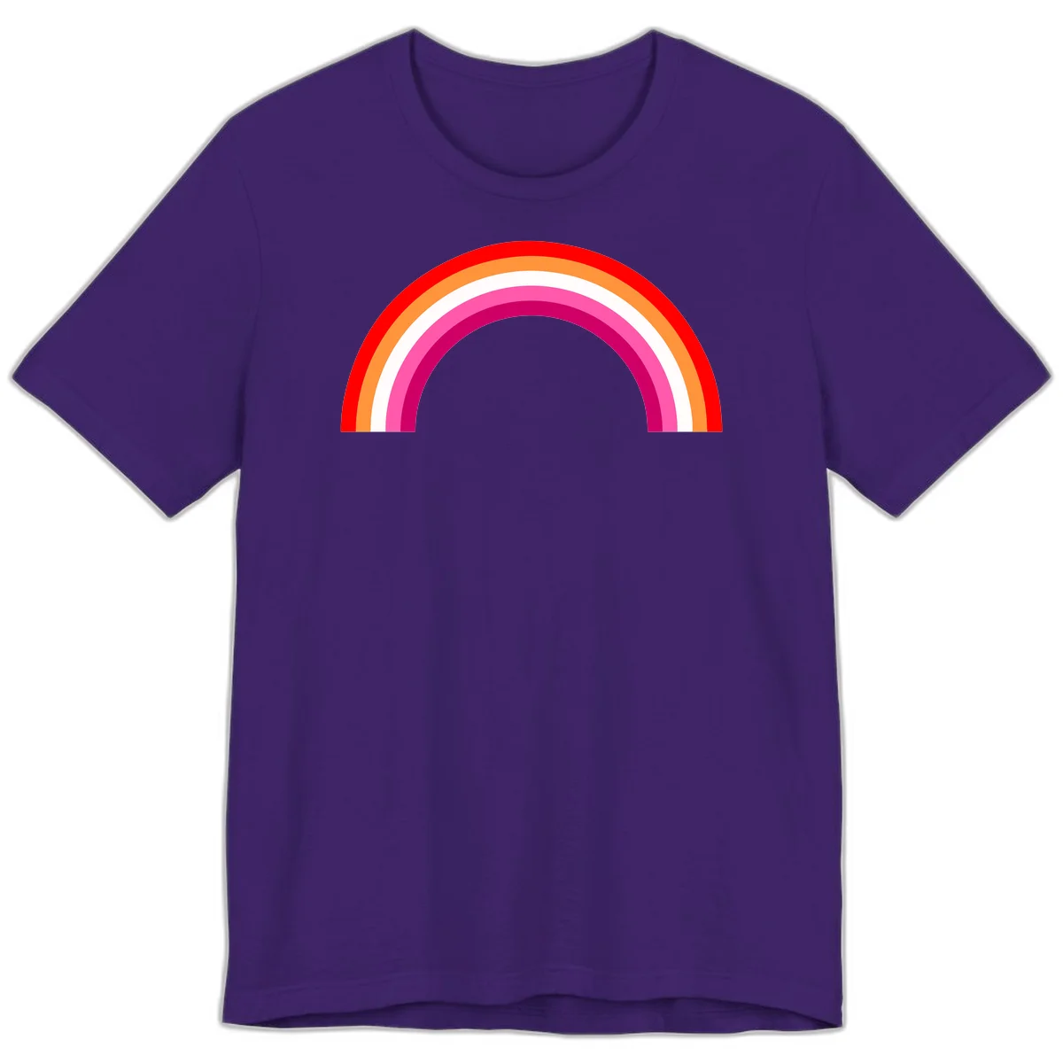 Colorful rainbow pride arc with concentric bands in red, orange, white, pink, and magenta against gray background in Team Purple