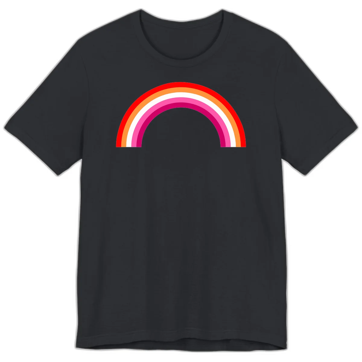 Colorful rainbow pride arc with concentric bands in red, orange, white, pink, and magenta against gray background in Vintage Black