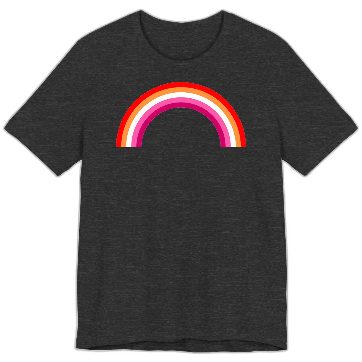 Colorful rainbow pride arc with concentric bands in red, orange, white, pink, and magenta against gray background in Dark Grey Heather