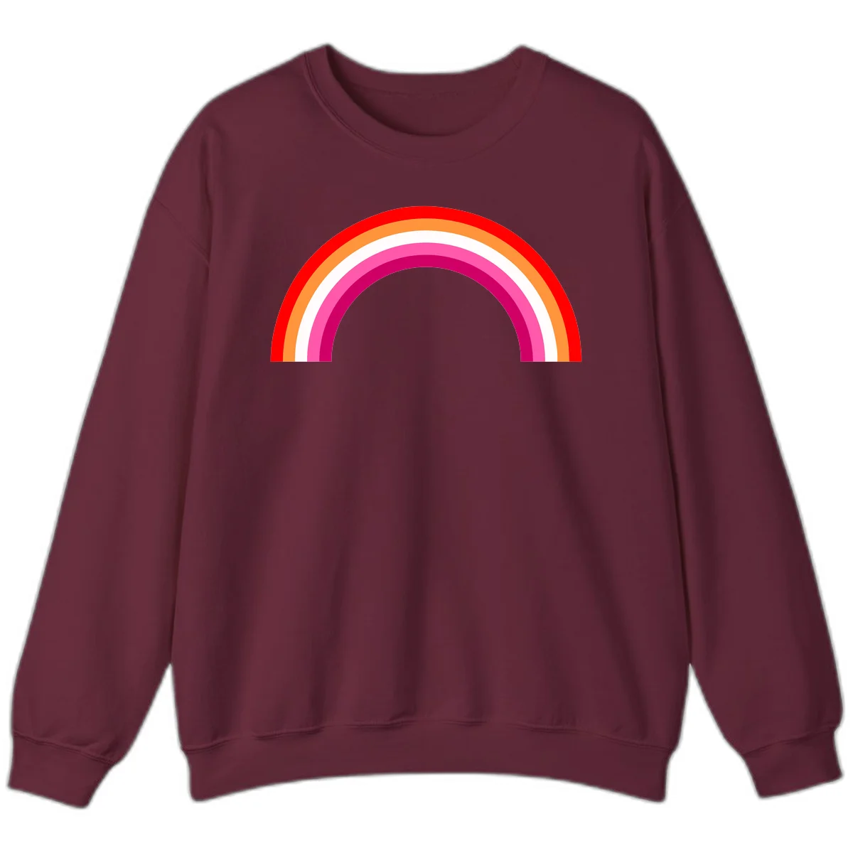Colorful rainbow pride arc with concentric bands in red, orange, white, pink, and magenta against gray background in Maroon