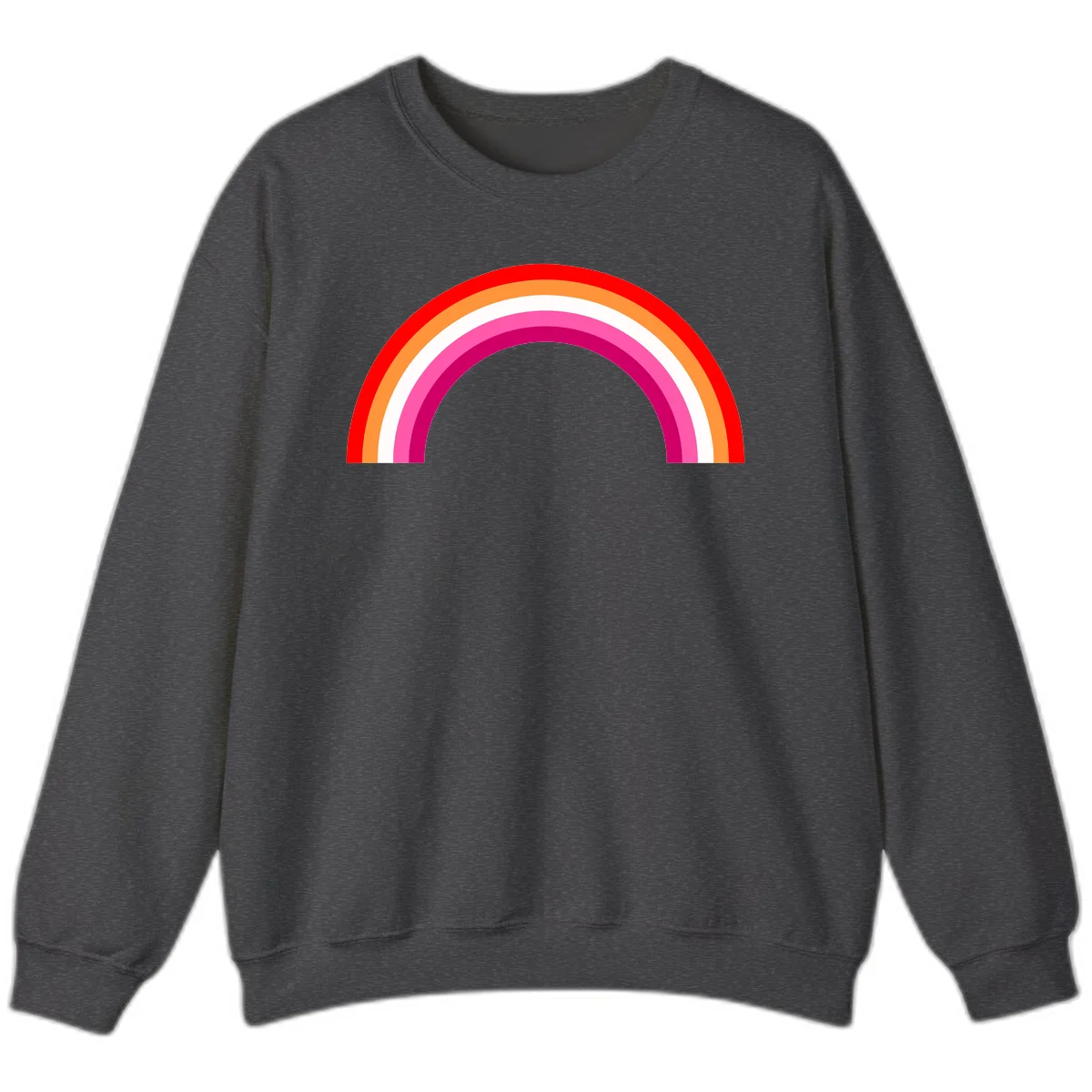 Colorful rainbow pride arc with concentric bands in red, orange, white, pink, and magenta against gray background in Dark Heather