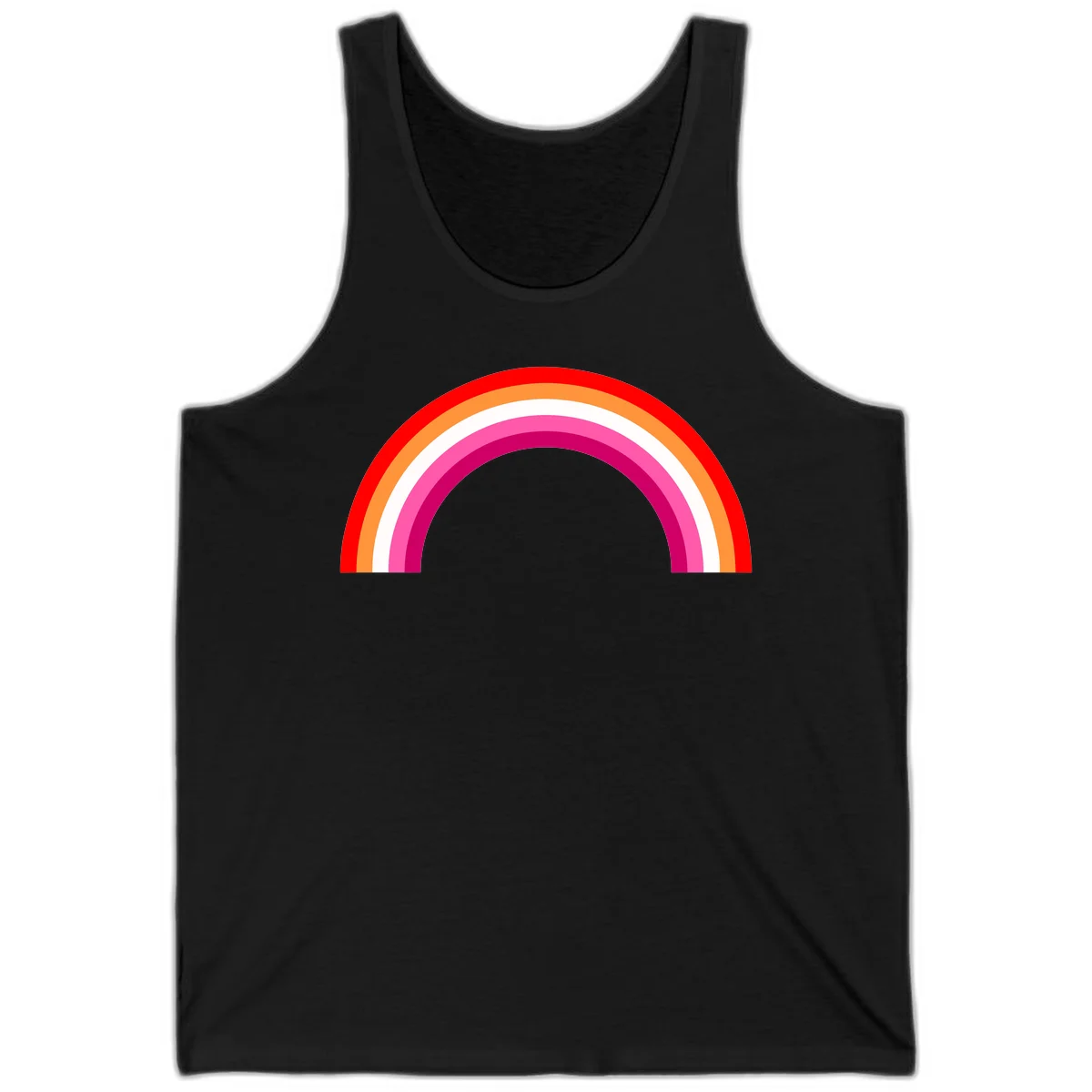 Colorful rainbow pride arc with concentric bands in red, orange, white, pink, and magenta against gray background in Black