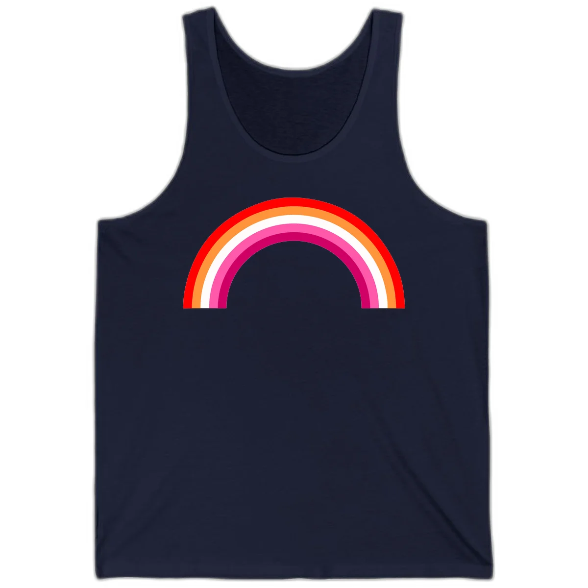 Colorful rainbow pride arc with concentric bands in red, orange, white, pink, and magenta against gray background in Navy