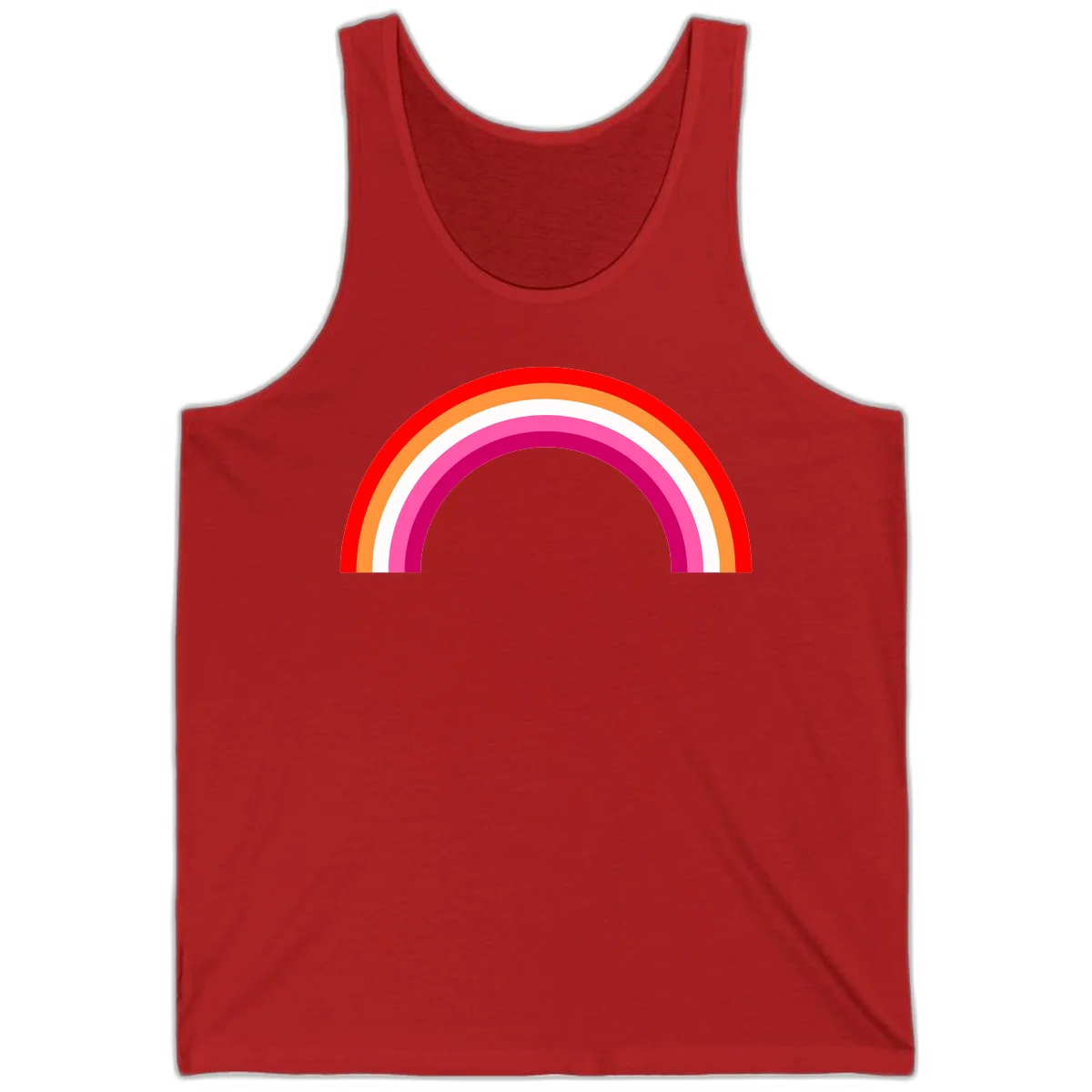 Colorful rainbow pride arc with concentric bands in red, orange, white, pink, and magenta against gray background in Red
