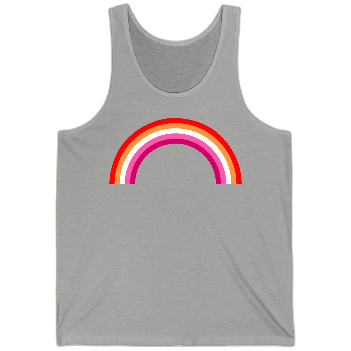 Colorful rainbow pride arc with concentric bands in red, orange, white, pink, and magenta against gray background in Athletic Heather