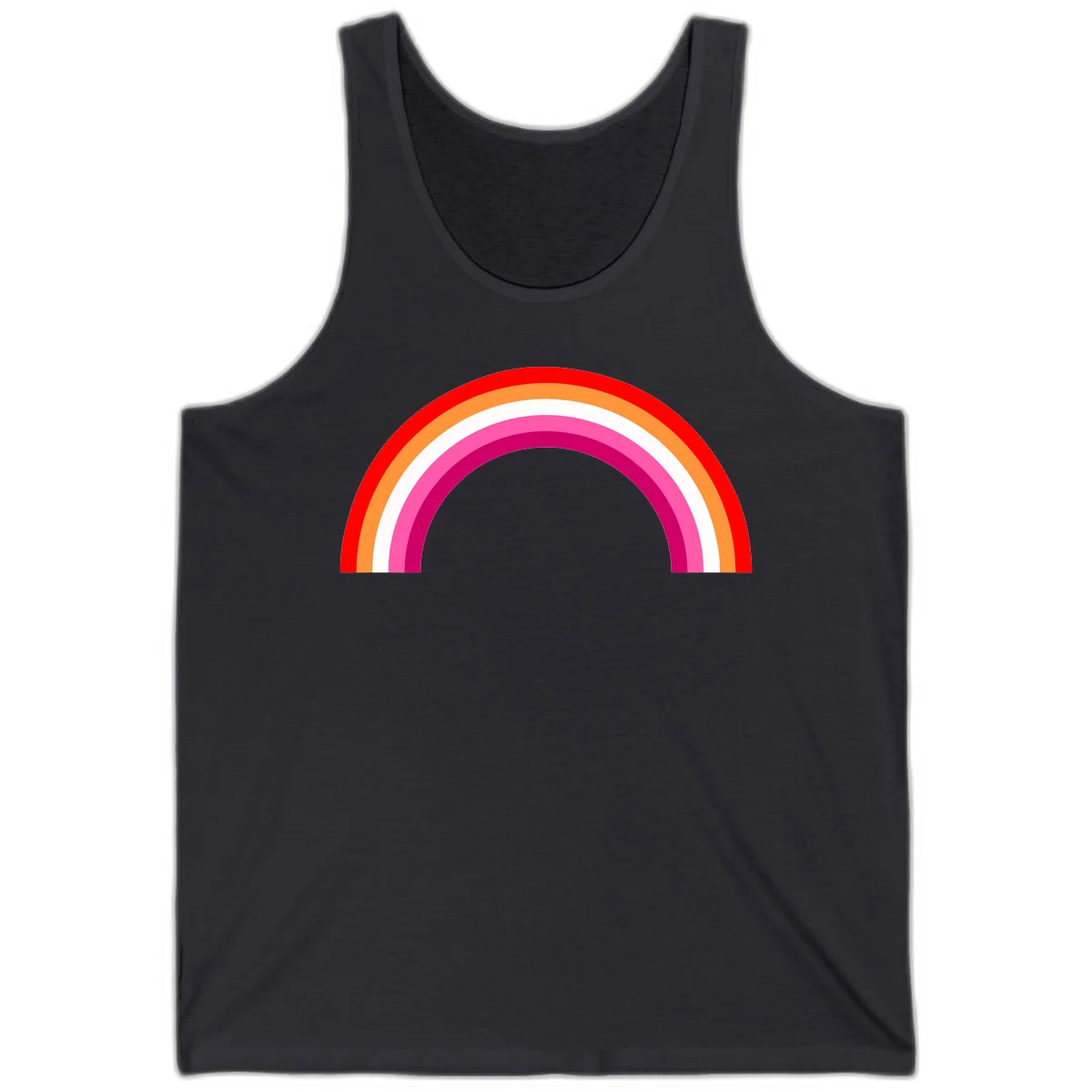 Colorful rainbow pride arc with concentric bands in red, orange, white, pink, and magenta against gray background in Dark Grey
