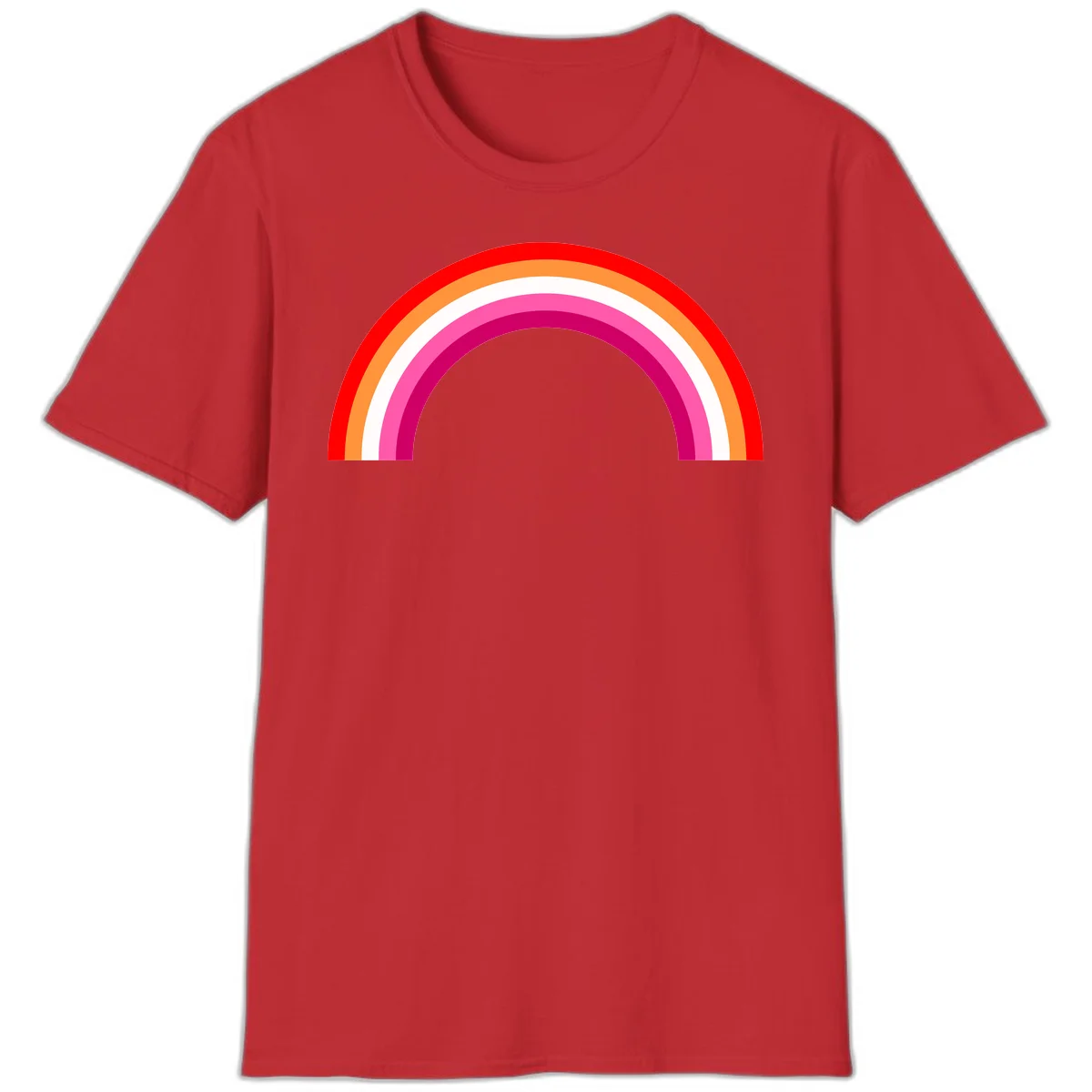 Colorful rainbow pride arc with concentric bands in red, orange, white, pink, and magenta against gray background in Red
