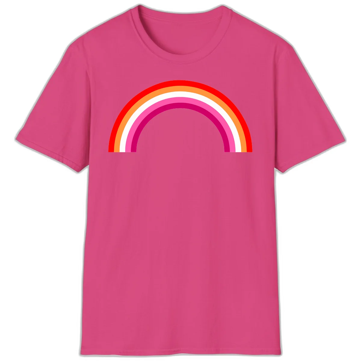 Colorful rainbow pride arc with concentric bands in red, orange, white, pink, and magenta against gray background in Heliconia