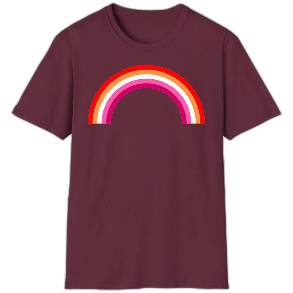 Colorful rainbow pride arc with concentric bands in red, orange, white, pink, and magenta against gray background in Maroon
