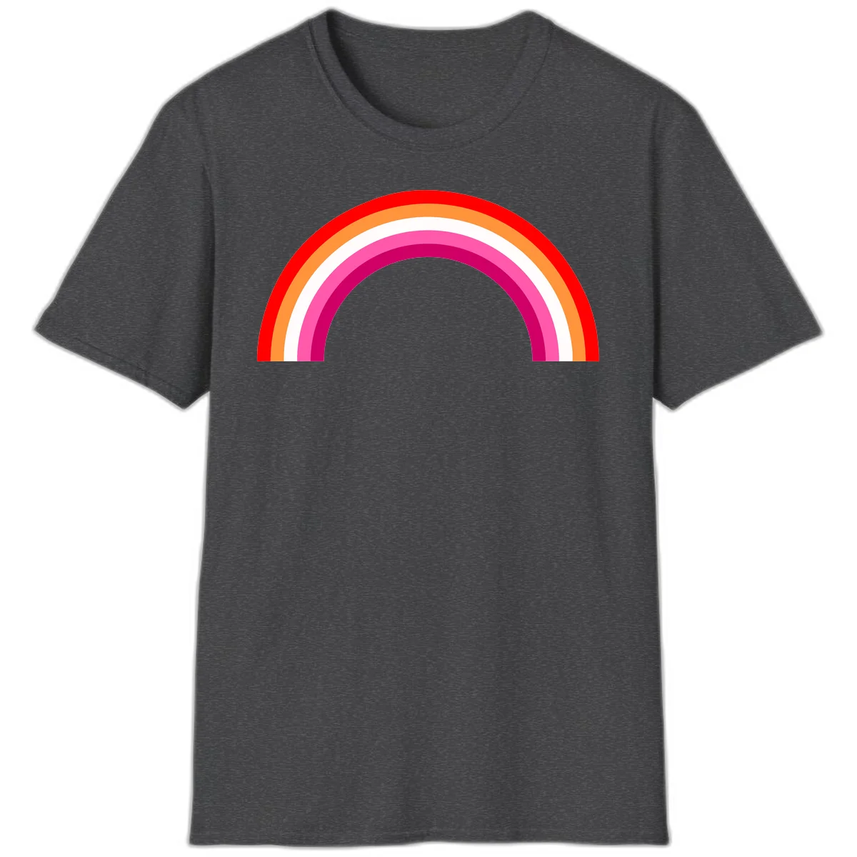 Colorful rainbow pride arc with concentric bands in red, orange, white, pink, and magenta against gray background in Dark Heather