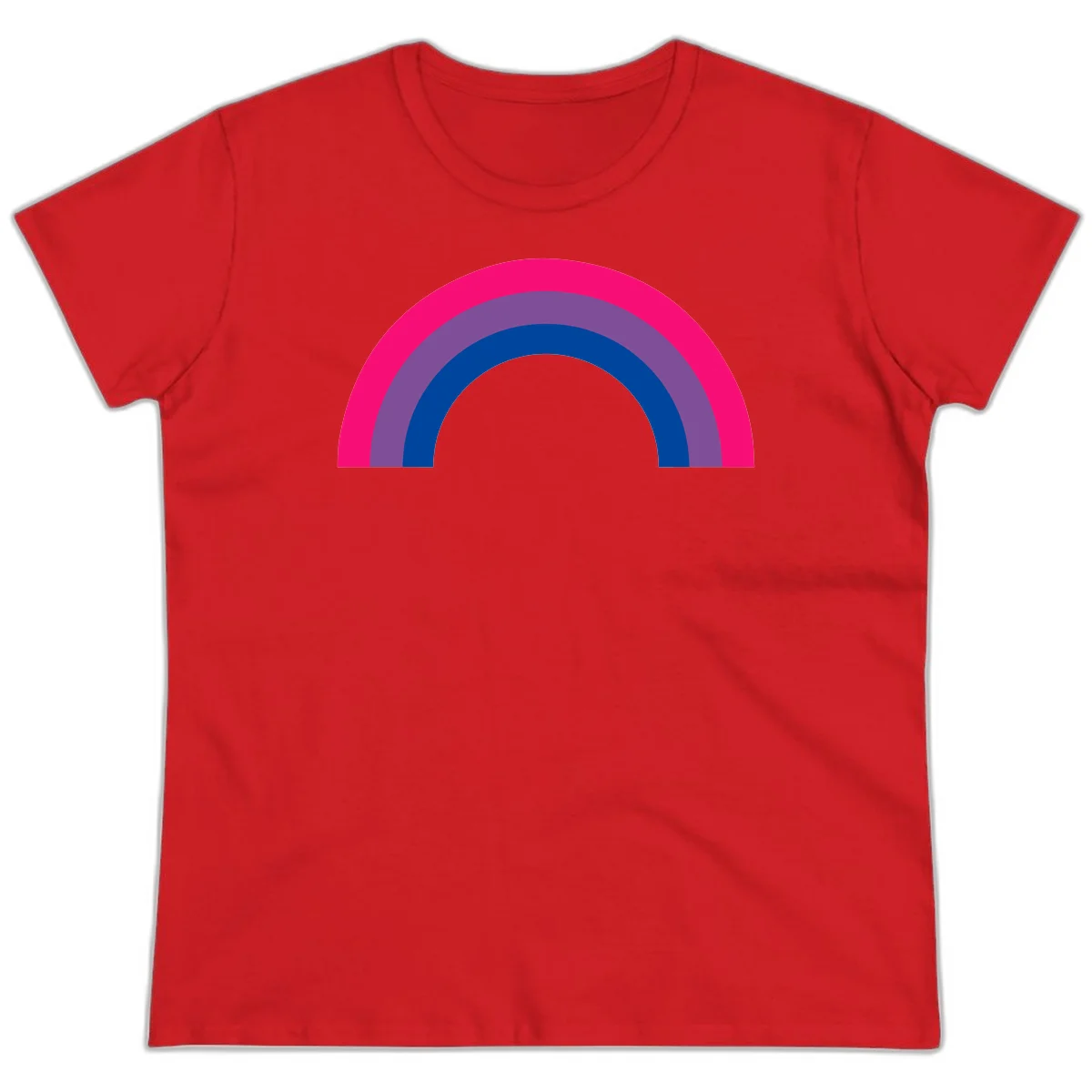 Concentric rainbow pride design featuring four nested semicircular arcs in hot pink, purple, dark blue, and gray. in Red