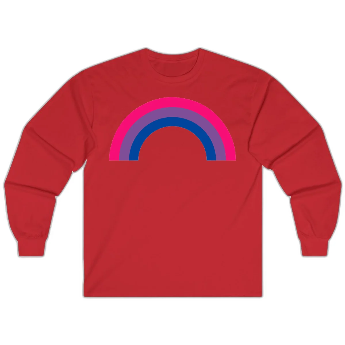 Concentric rainbow pride design featuring four nested semicircular arcs in hot pink, purple, dark blue, and gray. in Red