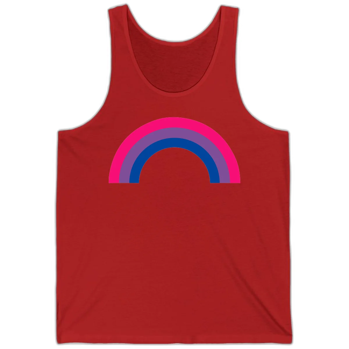 Concentric rainbow pride design featuring four nested semicircular arcs in hot pink, purple, dark blue, and gray. in Red
