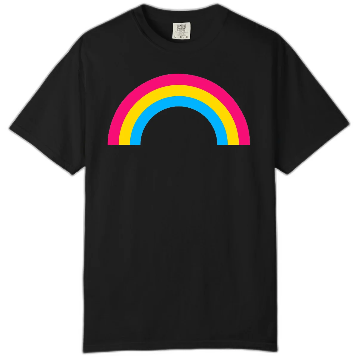 Concentric rainbow stripes in magenta, yellow, and cyan forming a classic arc design on gray background in Black
