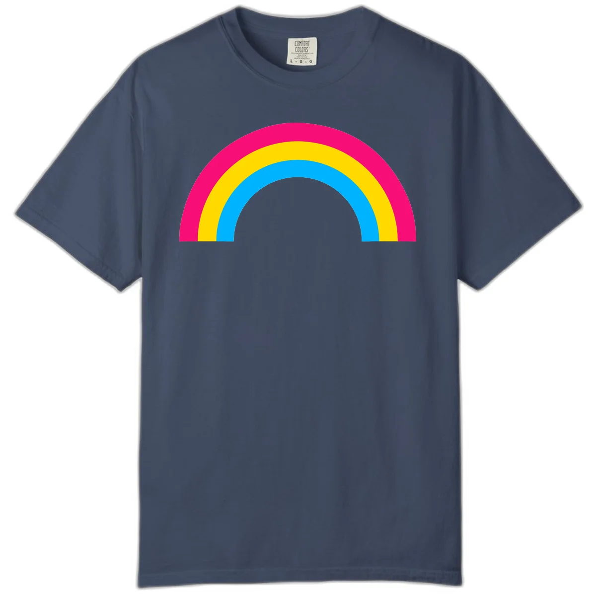 Concentric rainbow stripes in magenta, yellow, and cyan forming a classic arc design on gray background in Midnight