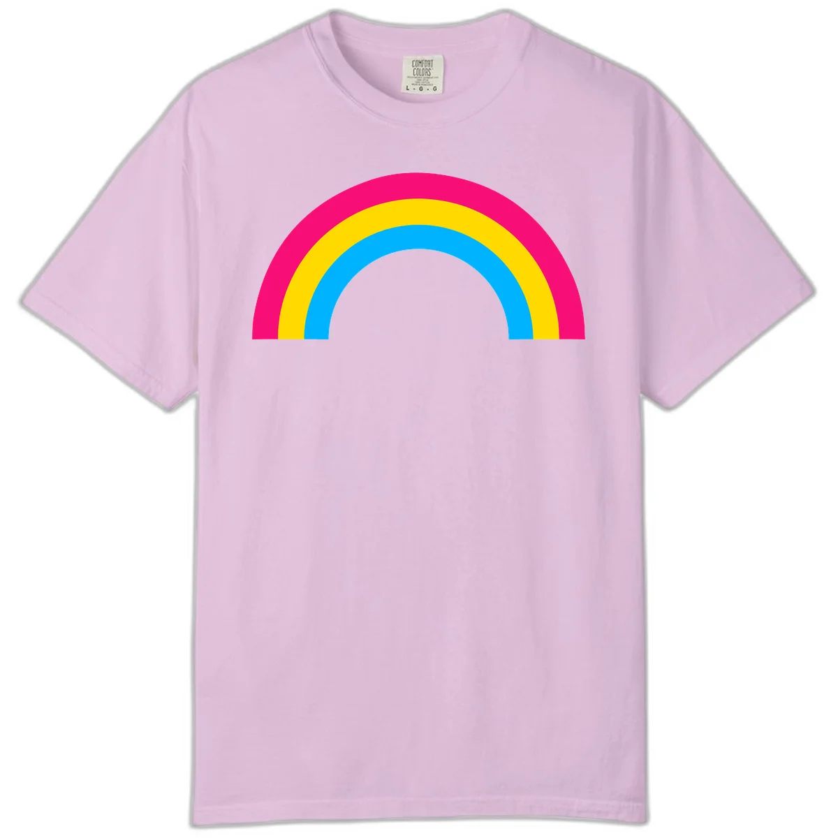 Concentric rainbow stripes in magenta, yellow, and cyan forming a classic arc design on gray background in Orchid