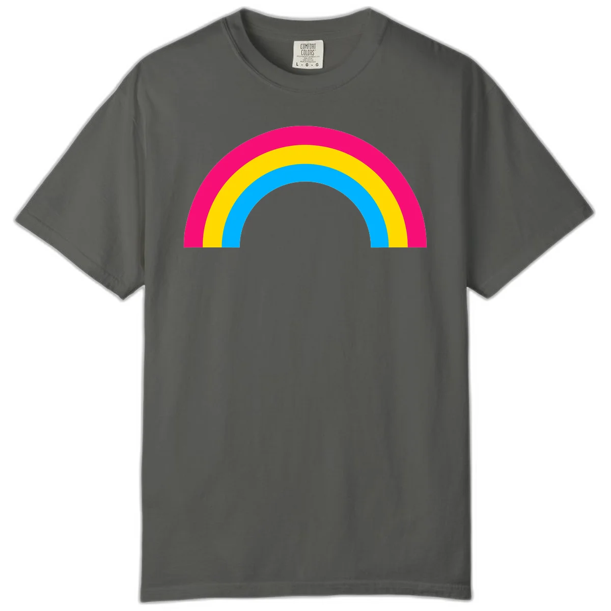 Concentric rainbow stripes in magenta, yellow, and cyan forming a classic arc design on gray background in Pepper