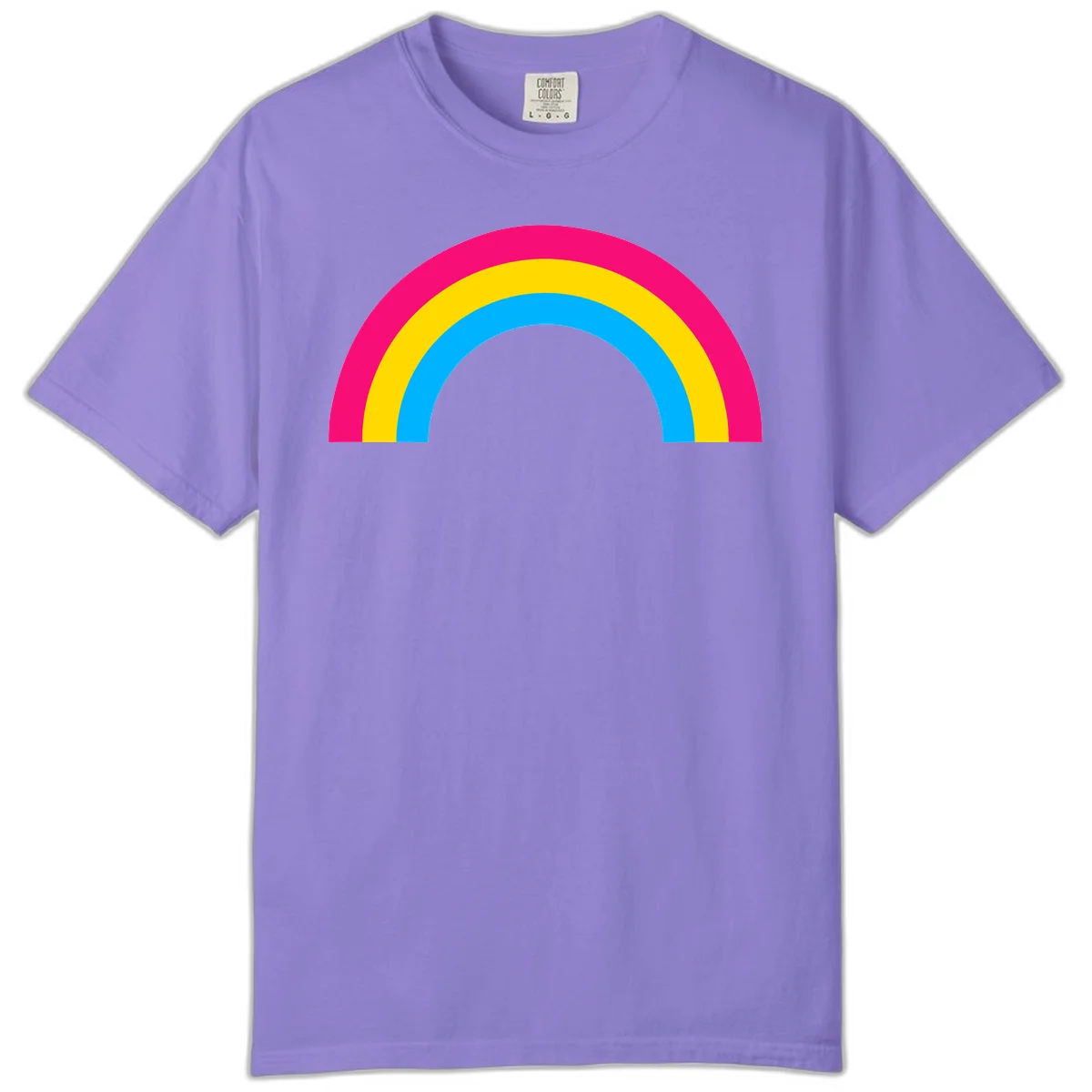 Concentric rainbow stripes in magenta, yellow, and cyan forming a classic arc design on gray background in Violet