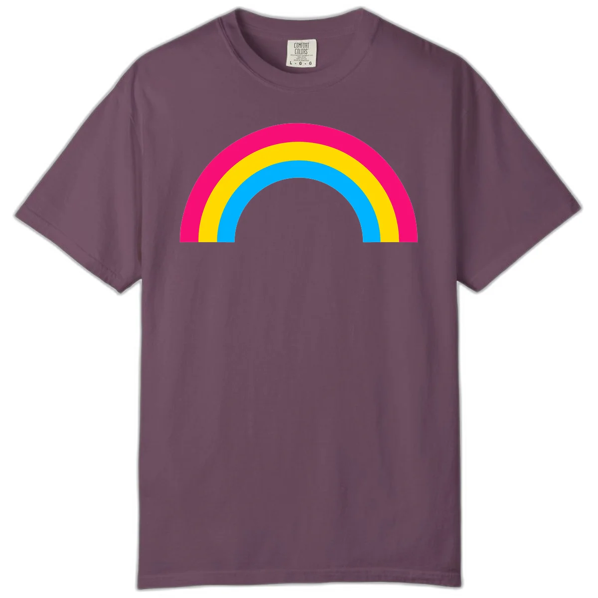 Concentric rainbow stripes in magenta, yellow, and cyan forming a classic arc design on gray background in Berry