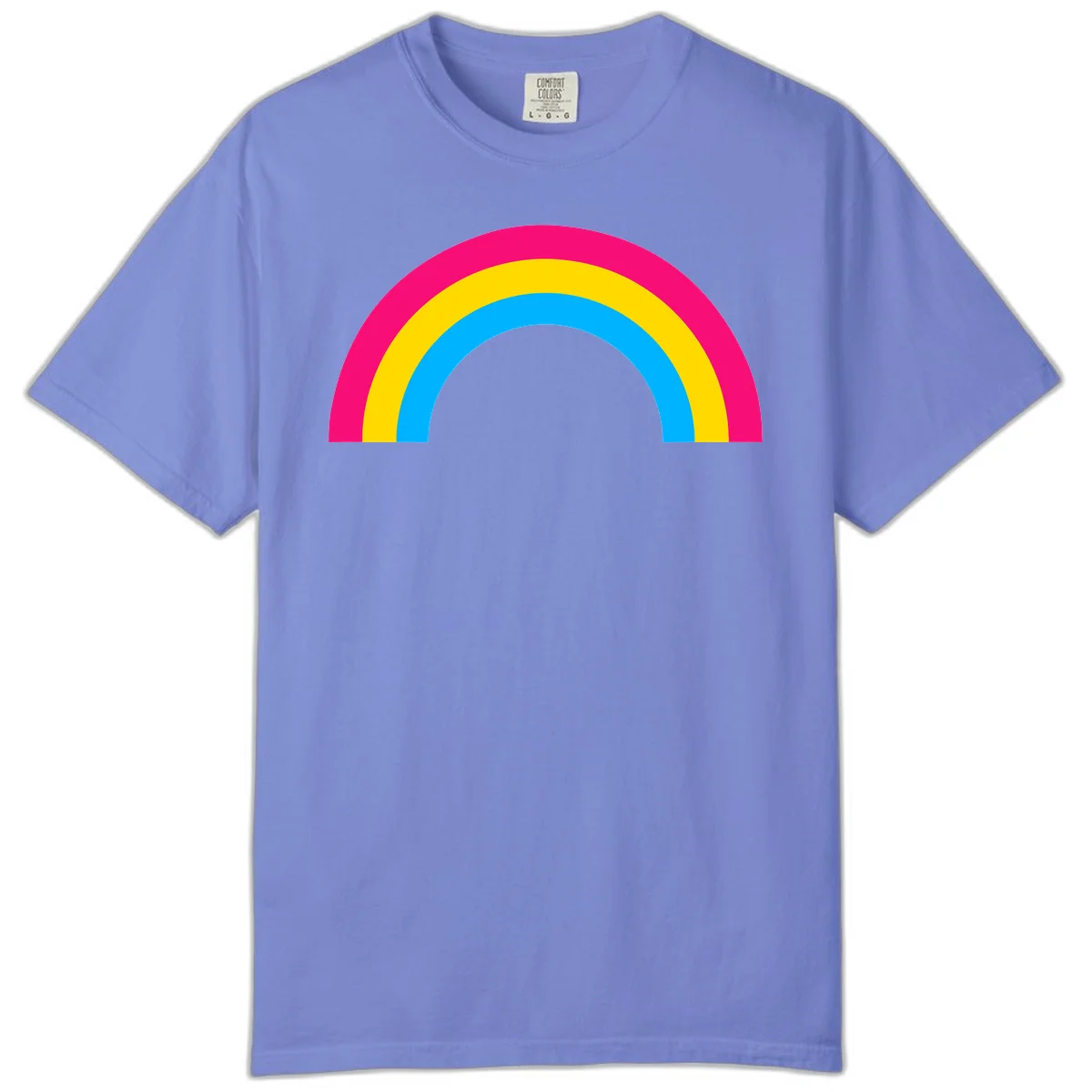 Concentric rainbow stripes in magenta, yellow, and cyan forming a classic arc design on gray background in Flo Blue