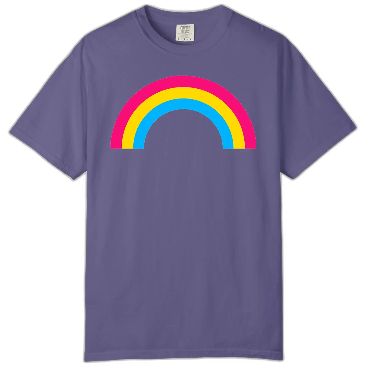 Concentric rainbow stripes in magenta, yellow, and cyan forming a classic arc design on gray background in Grape