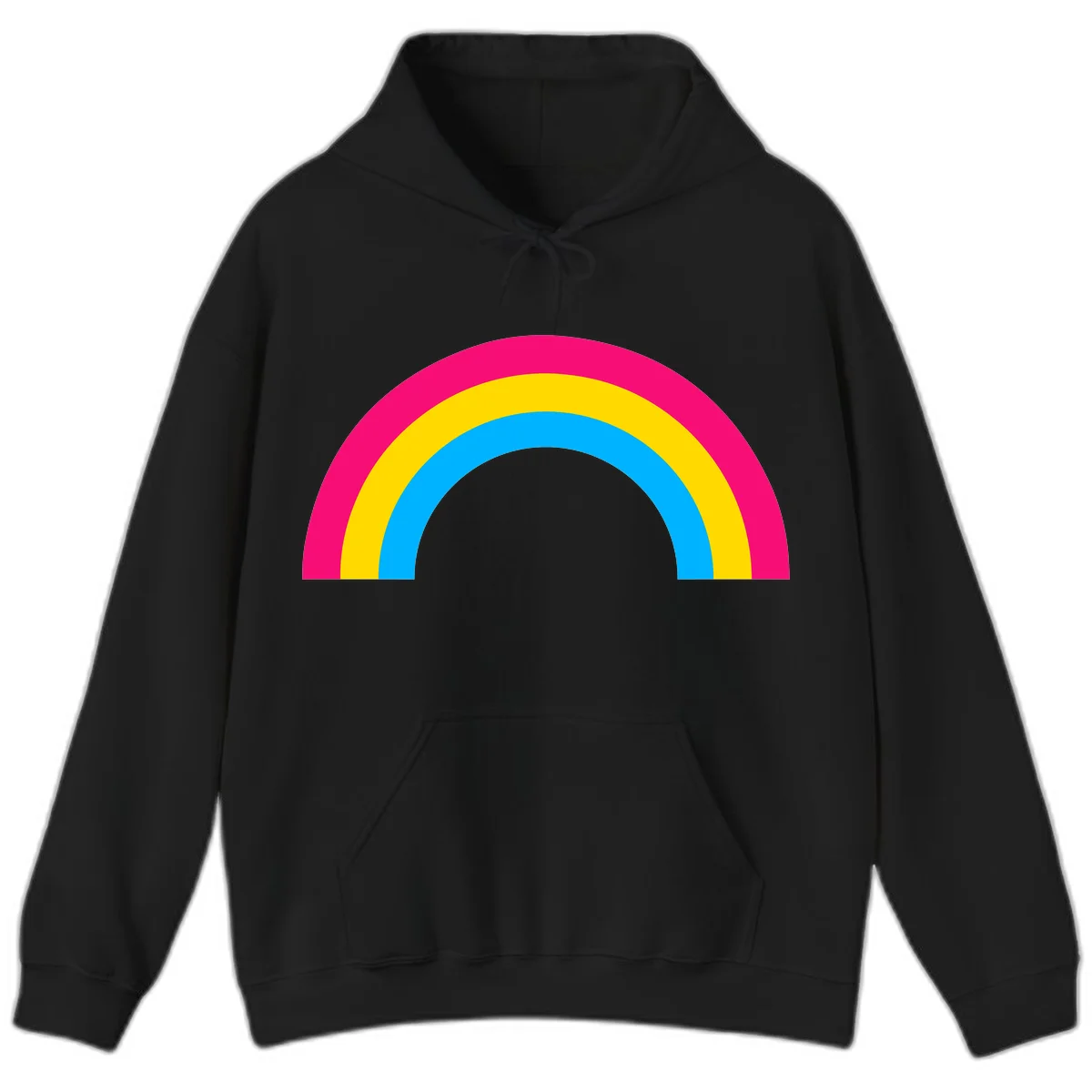 Concentric rainbow stripes in magenta, yellow, and cyan forming a classic arc design on gray background in Black