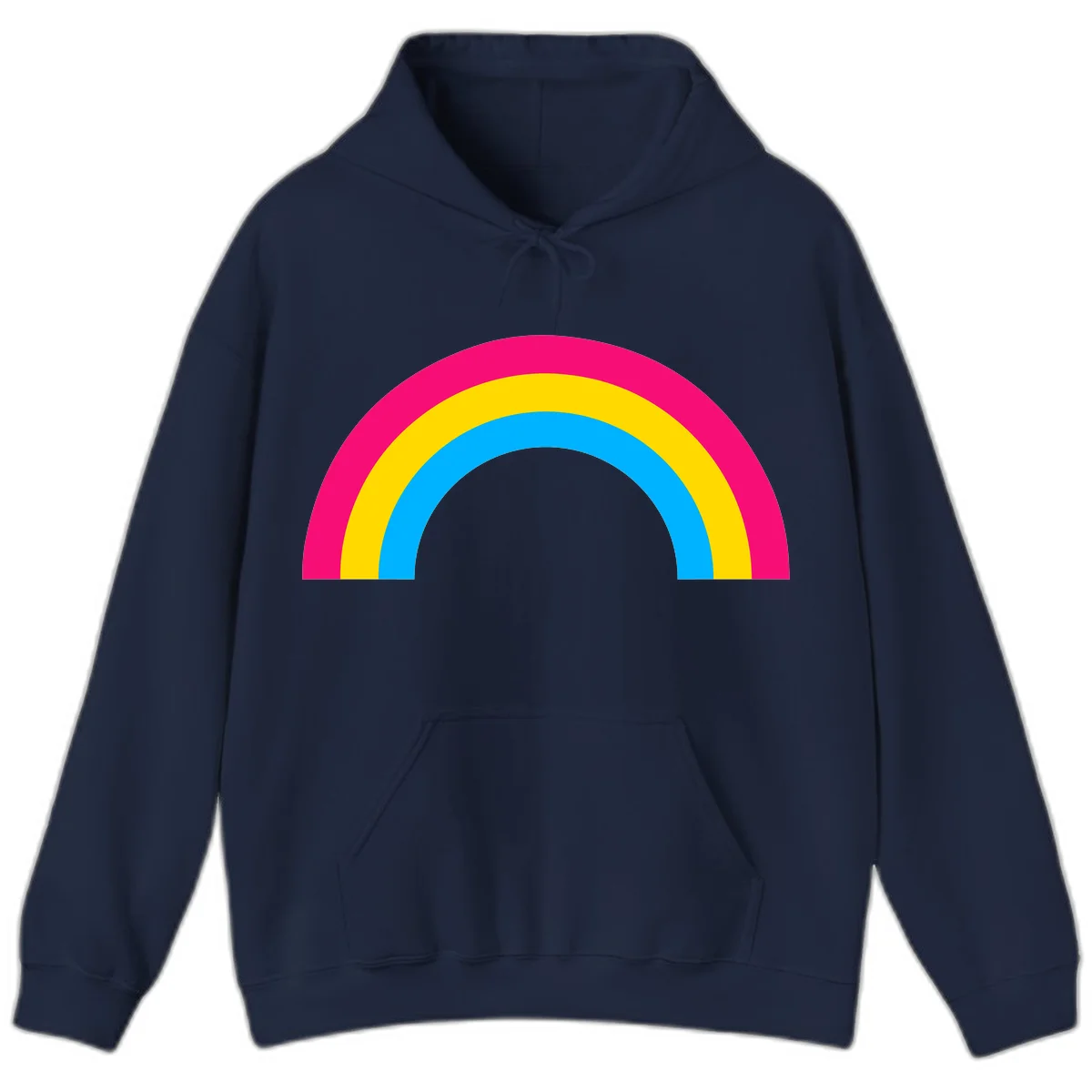 Concentric rainbow stripes in magenta, yellow, and cyan forming a classic arc design on gray background in Navy