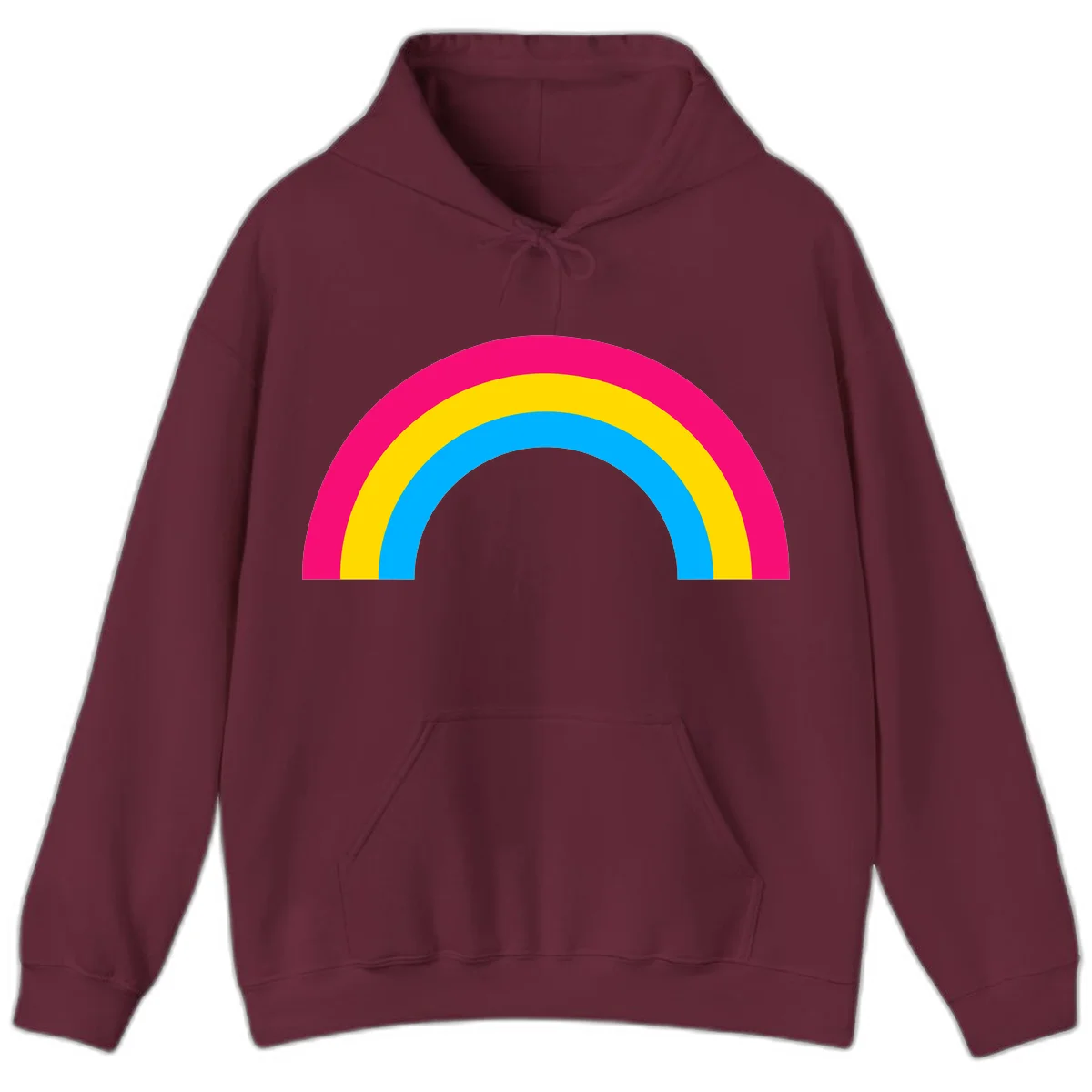 Concentric rainbow stripes in magenta, yellow, and cyan forming a classic arc design on gray background in Maroon