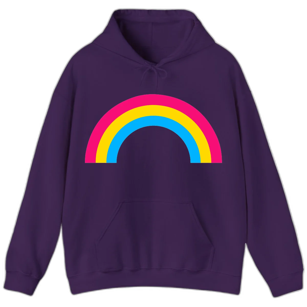 Concentric rainbow stripes in magenta, yellow, and cyan forming a classic arc design on gray background in Purple