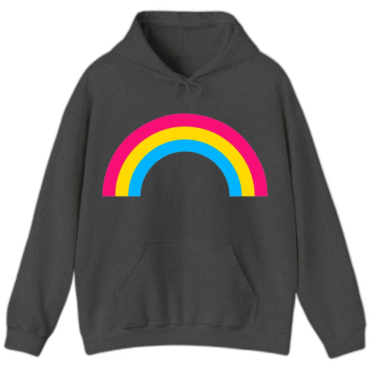 Concentric rainbow stripes in magenta, yellow, and cyan forming a classic arc design on gray background in Dark Heather