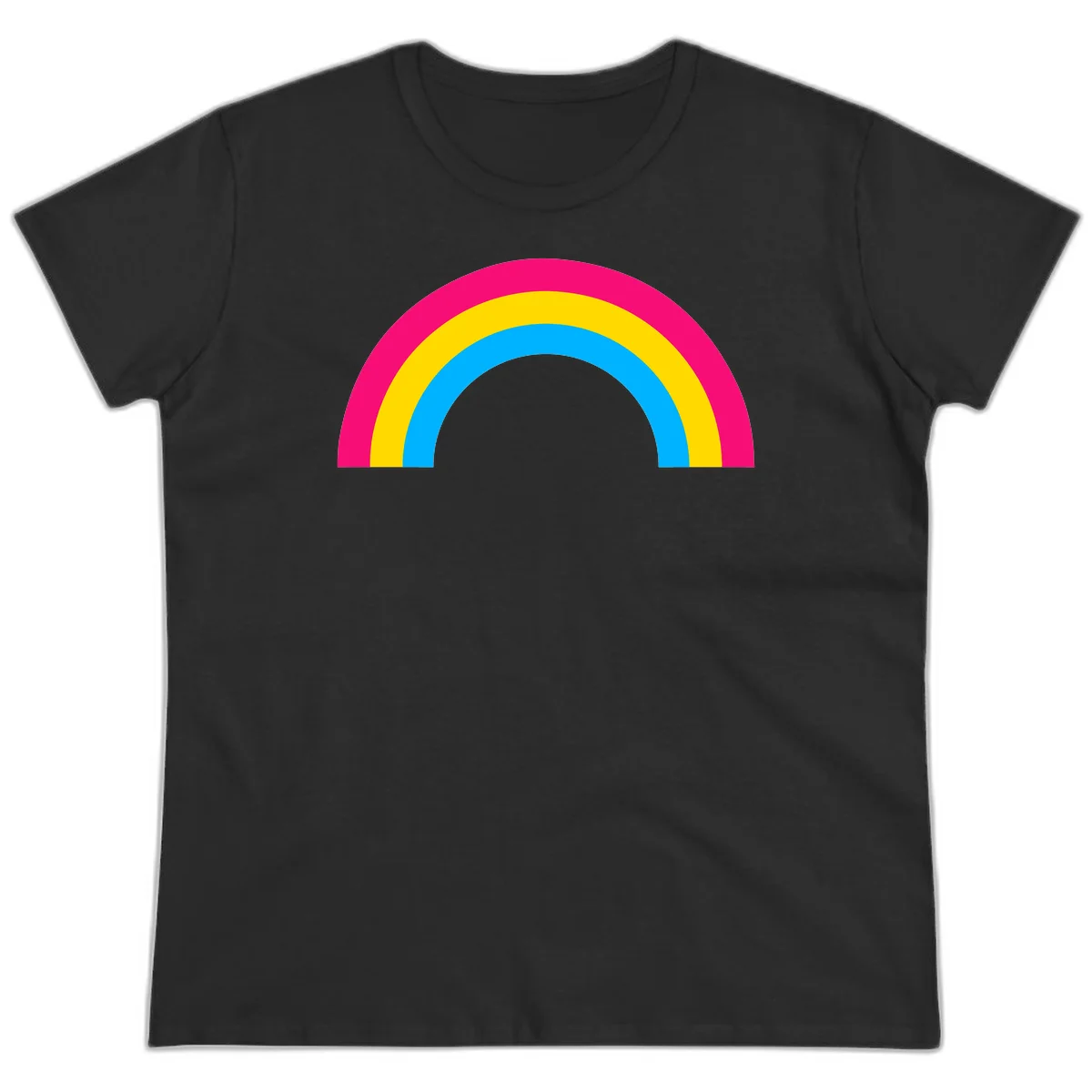 Concentric rainbow stripes in magenta, yellow, and cyan forming a classic arc design on gray background in Black