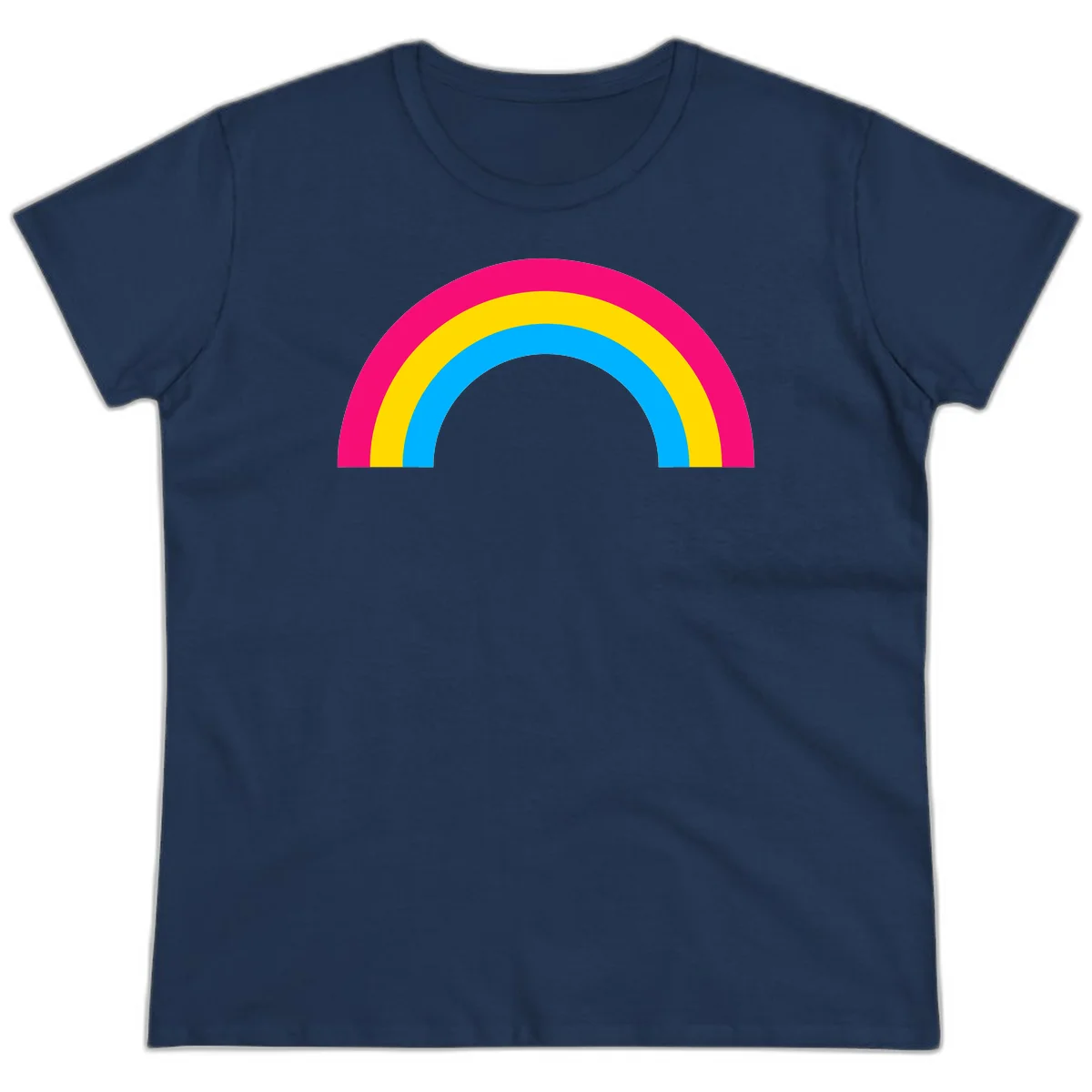 Concentric rainbow stripes in magenta, yellow, and cyan forming a classic arc design on gray background in Navy